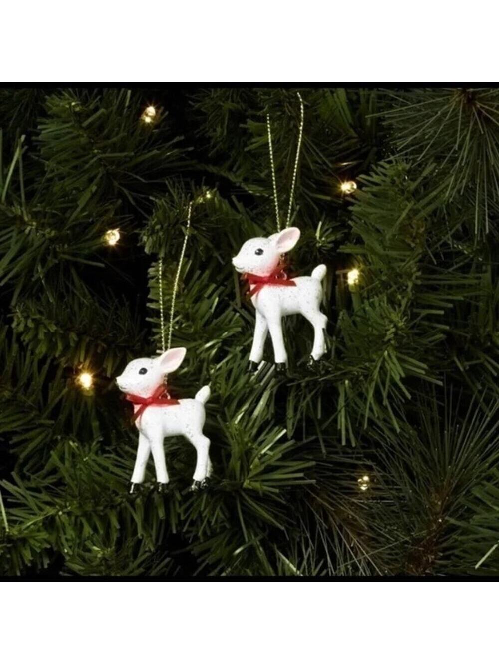 Wondershop NWT Retro Small White Deer Fawn Christmas Ornaments 2 in Pack